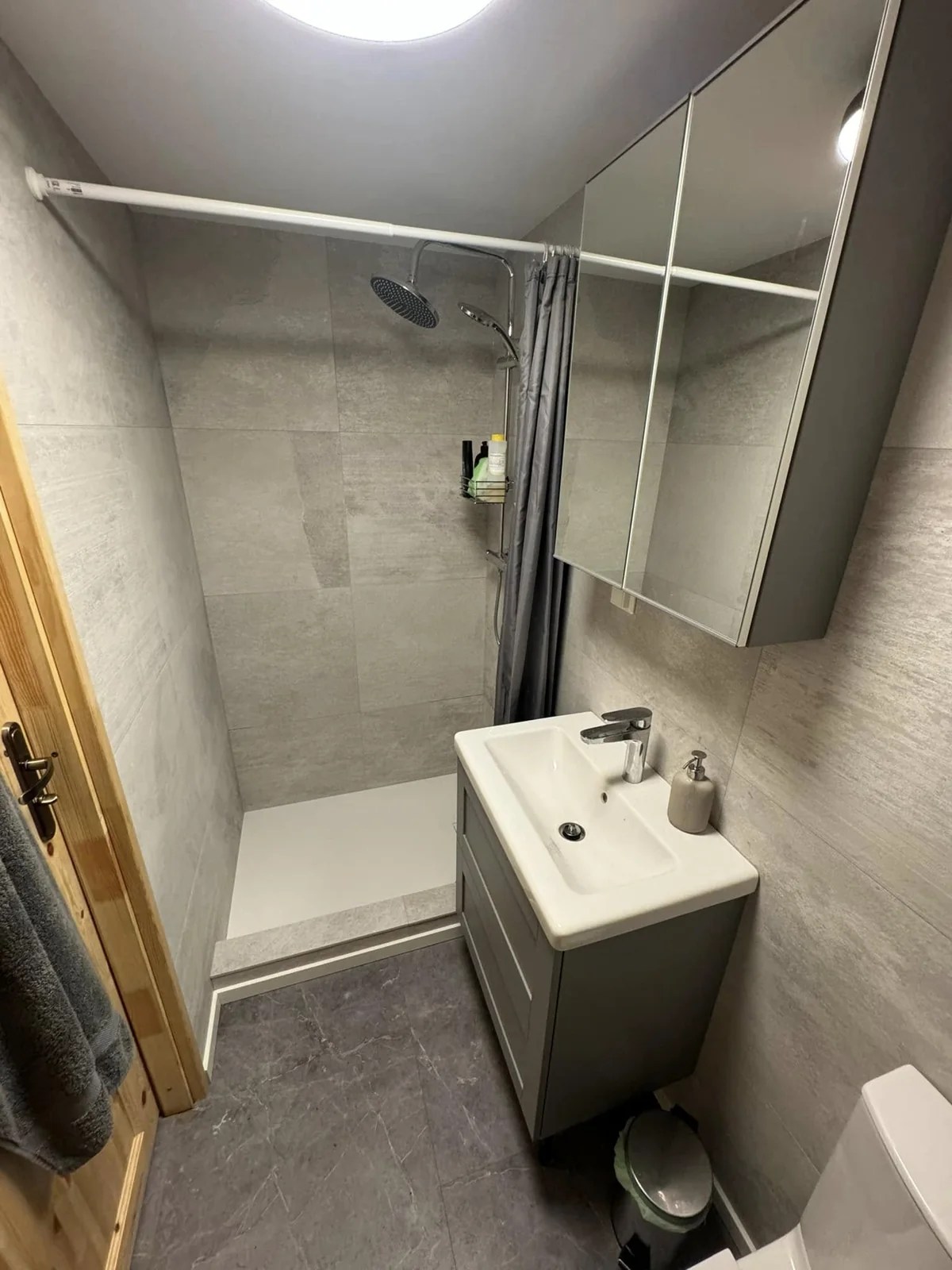 Shower and washbasin in the large cabin bathroom