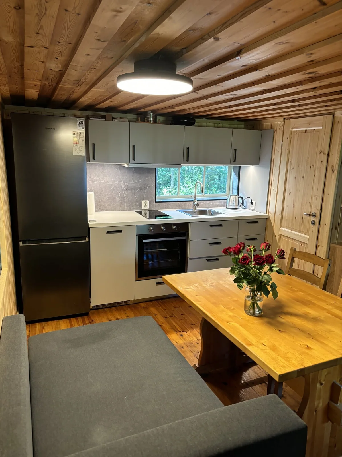 Kitchen and dining table in the small cabin